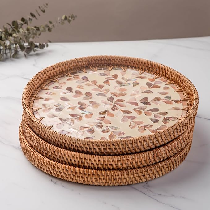 11.8' Wicker Round Rattan Mother of Pearl Serving Basket Tray for Dรฉcor Coffee Table | Large Boho Circle Woven Decorative Trays for Outdoor, Home, Kitchen Display (Leaf)
