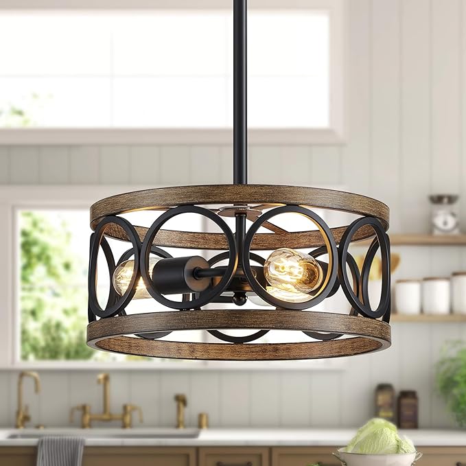XINGQI Black Ceiling Light Adjustable Height Chandelier Modern Farmhouse Pendant Lighting Fixture Wood Grain Metal 13" Rustic Round Lights for Dining Room Kitchen Bedroom Entryway