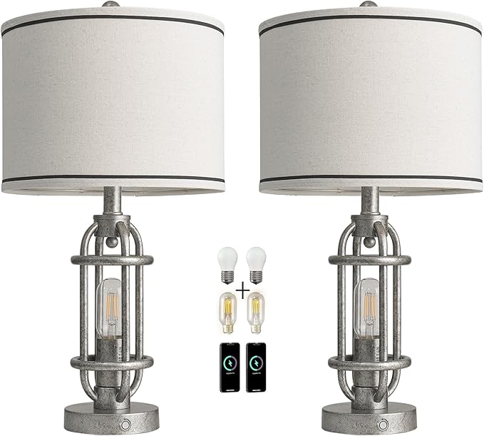 23.75'' Table Lamps Set of 2 for Living Room Bedroom Industrial Farmhouse Metal Touch Lamps with USB A+C Ports, Night Light Vintage Nightstand Bedside Lamp, Bulbs Included, Antique Silver