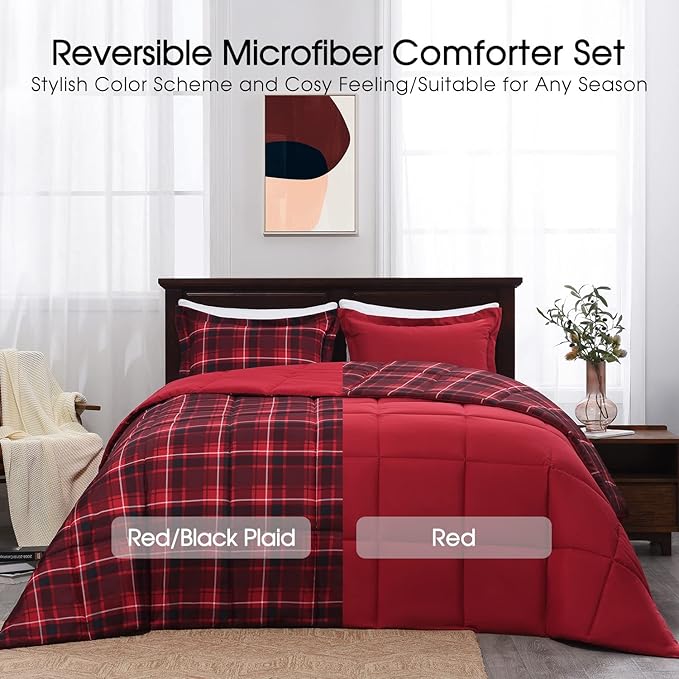Basic Beyond King Size Comforter Set - Red and Black Buffalo Plaid Comforter Set King Down Alternative Bedding Comforter Set for All Season(1 Comforter with 2 Pillow Shams, 104" x 92")