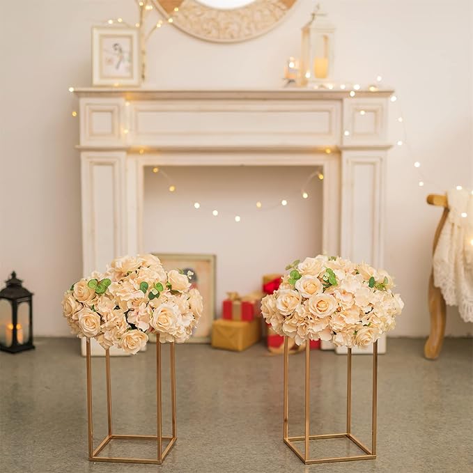 Sziqiqi Wedding Centerpieces Vase For Tables With Plates - 2 Pcs Metal Column Geometric Flower Stand 15.7in Gold Flower Display Rack Decorations For T-Stage Reception Party Fiesta Event Home Christmas