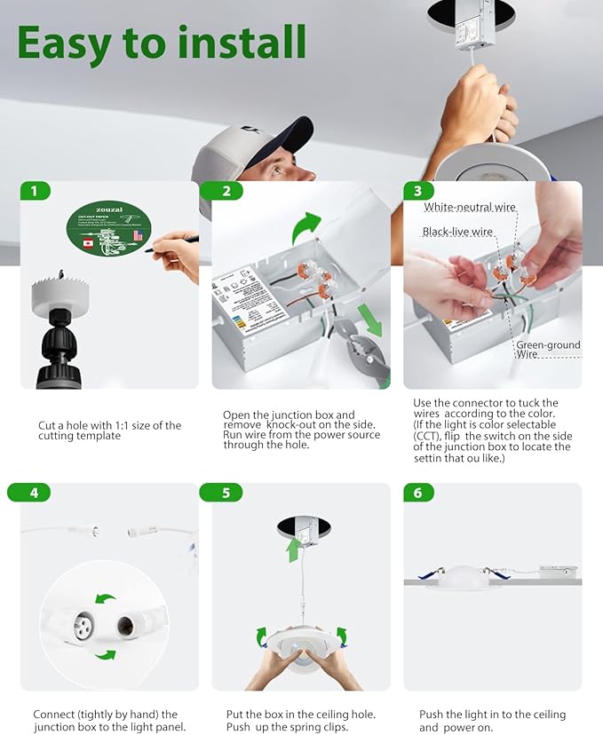 zouzai 5CCT LED Gimbal Led Recessed Light with Junction Box, 360ยฐ+90ยฐ Adjustable Directional Eyeball Lighting, Dimmable, 2700K/3000K/3500K/4000K/5000K,ETL&Energy Star (6 inch, White 6 Pack)
