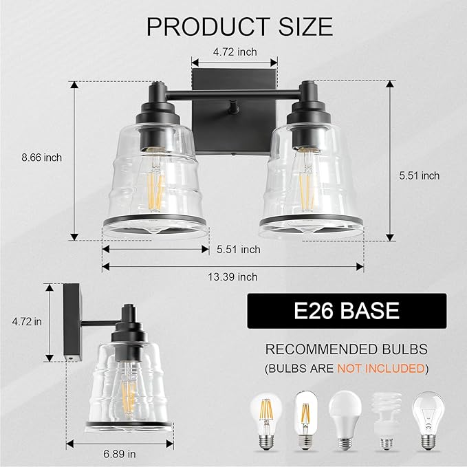 Black Bathroom Vanity Light Fixture, 2 Light Bathroom Light Fixtures Over Mirror with Clear Glass Shade and Metal Base Wall Sconce,13.4 inch Modern Vanity Light for Bathroom (Exclude E26 Bulb)
