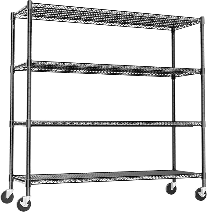 Heavy Duty Shelving, 76.2" H Garage Shelving Unit with Wheels, 4-Tier Garage Storage Shelves Metal Shelves Rack, Adjustable Industrial Shelving for Warehouse Storage, 60" W x 24" D x 76.2" H, Black