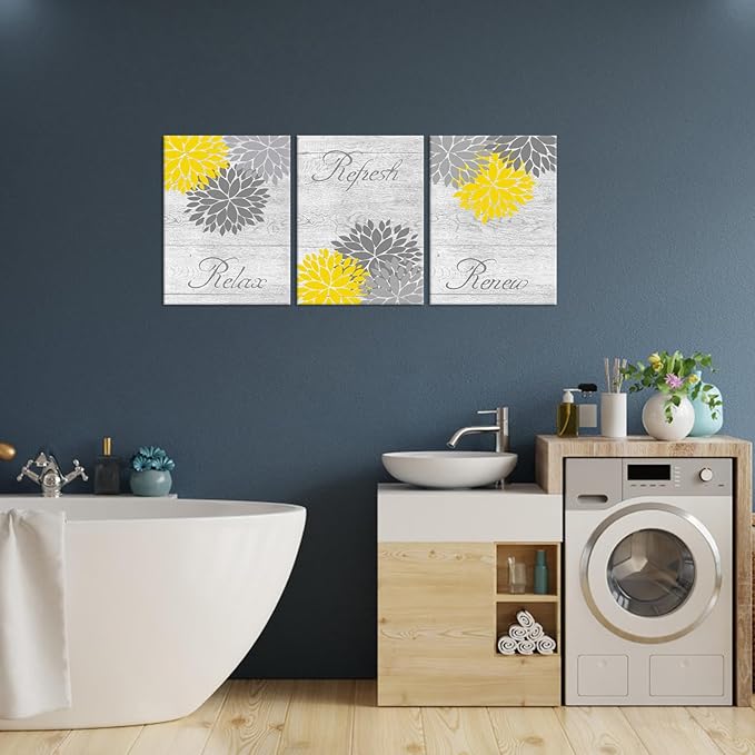 Zlove Yellow and Grey Bathroom Decor, Dahlia Flower Pictures Wall Art - Relax Refresh Renew Bathroom Pictures Wall Decor, 12"X16", 3Pcs