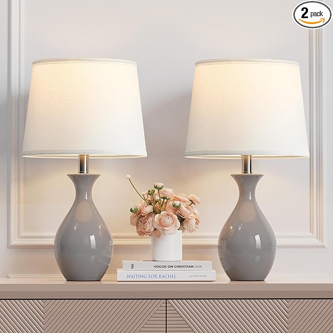 PARTPHONER Table Lamp Set of 2, Modern Ceramic Bedside Lamps for Night Stands, Classic Small Lamp Nightstand Lamp for Bedroom Living Room Desk End Table Rocker Swtich Grey