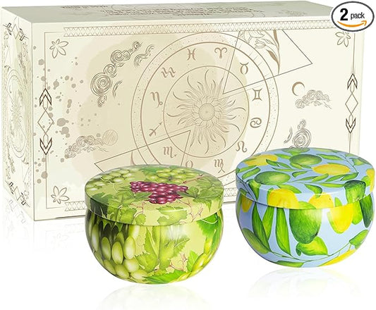 Set of 2 | 2.5-Ounce Scented Jar Candles - Fruit Style - Perfect for Home, Spa, Yoga Studio - Vibrant Colorful Iron Can Jars Candles(Grapes & Guava Fragrance)