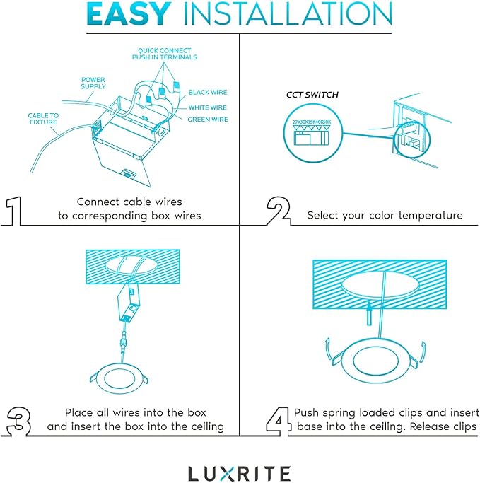 LUXRITE 6 Inch Ultra Thin LED Recessed Light with J-Box, 15W, 5 Color Selectable 2700K-5000K, 1400 Lumens, Dimmable LED Wafer Lights, High Output, Wet Rated, IC Rated, Energy Star (4 Pack)