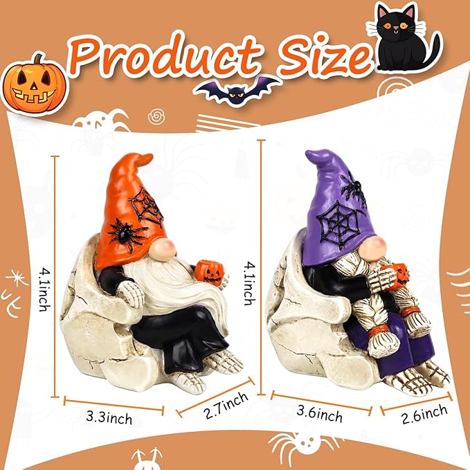 Halloween Gnomes Decorations 2 PCS Resin Skull Decor Skeleton Tabletop Figurines Indoor Holiday Collectible Statue for Women Men Kids