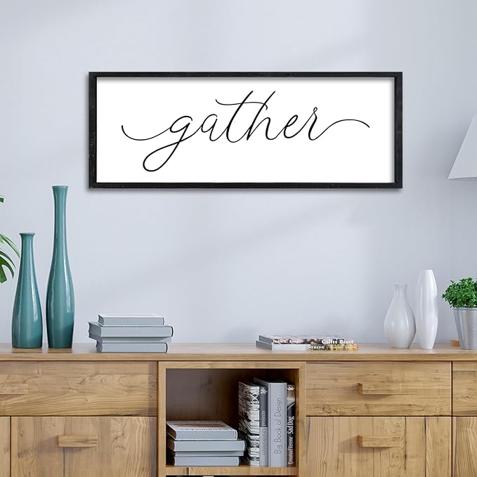 Surfapans Dining Room Wall Decor Gather Sign 32"×12" for Family Gathering Rustic Farmhouse Kitchen Vintage Simple Large Modern Plaque Wood Framed Home Horizontal Hanging Art (Black)