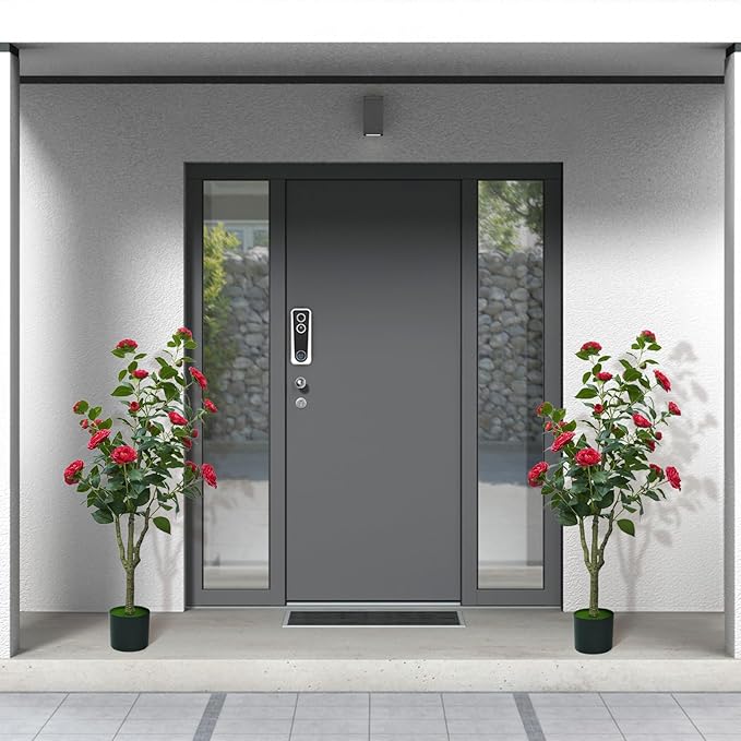 4ft Artificial Camellia Tree with White Silk Flowers - Realistic Faux Flowering Plant for Indoor/Outdoor Decor, Home Staging & Wedding Centerpieces, Set of 2-Red