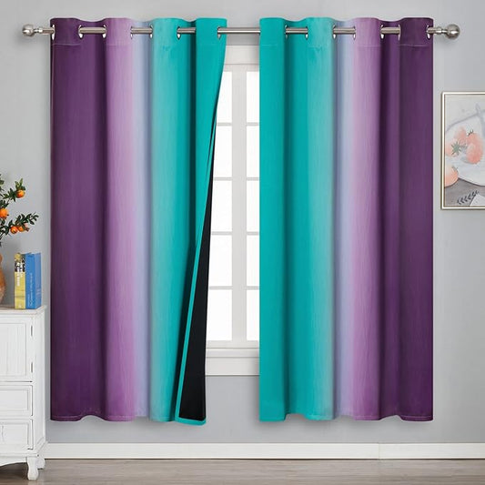 Estelar Textiler Ombre Teal and Purple Blackout Curtains 72 Inch Length 2 panels, Grommet Thermal Insulated Gradient Drapes for Kids Room, Full Light Blocking Blackout Curtains for Bedroom, 52x72 Inch