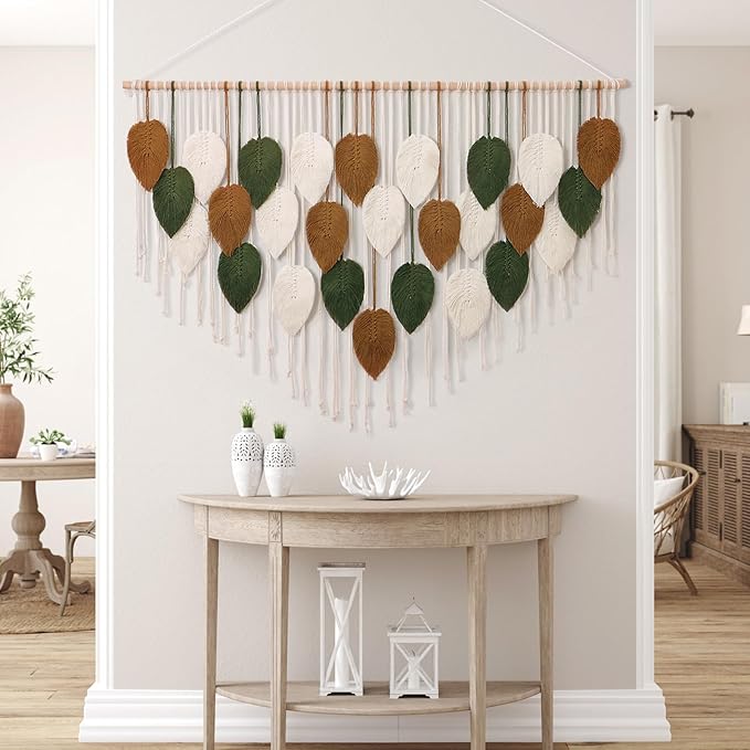 KHOYIME Large Macrame Wall Hanging Boho Woven Tapestry, Chic Home Decor Modern Bohemian Handmade Leaf Feather Wall Art Decorations for Apartment Living Room Bedroom Nursery Backdrop 51.5" W X 33.5" L