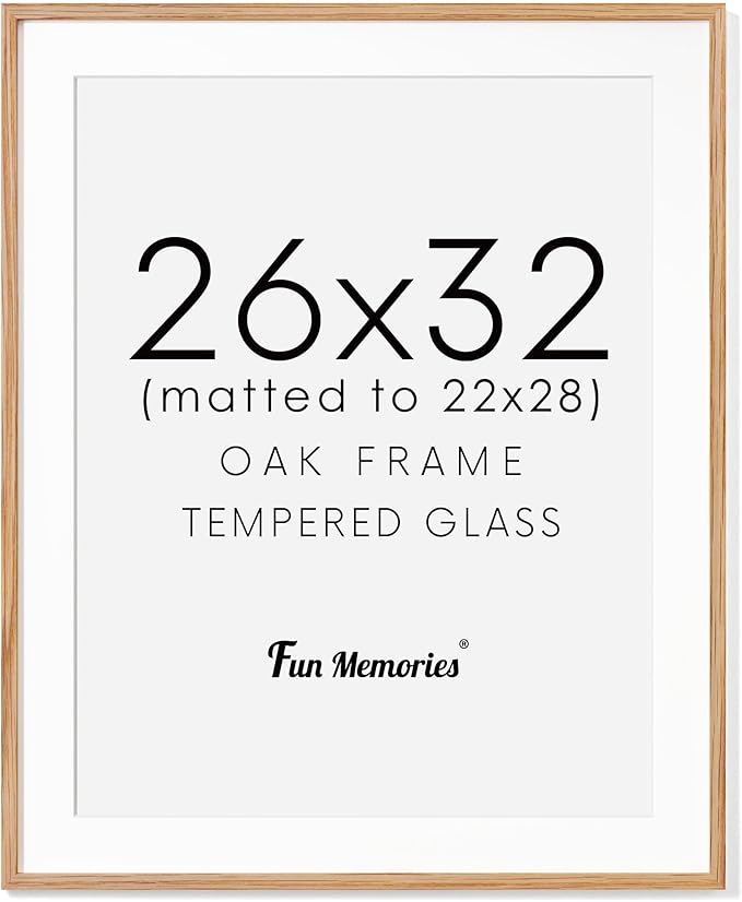 Oak Wood Frame - 26x32 Picture Frame with Tempered Glass & Mat for 22x28 (Natural Oak Color, 1 Pack)