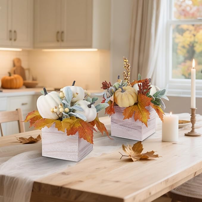 winemana 2 Pack Fall Decorations for Home - Artificial Pumpkin, Gourd, Berries & Leaves in Wood Vase | Autumn Table Centerpiece for Dining, Mantel, Indoors