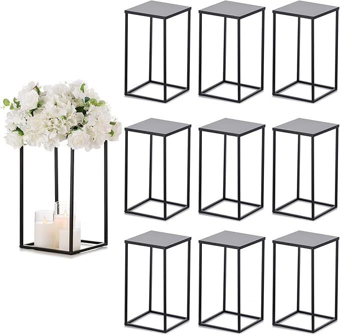 Sziqiqi Wedding Centerpieces Vase for Tables with Plates - 10 Pcs Metal Column Geometric Flower Stand 15.7in Black Flower Display Rack Decorations for T-Stage Reception Party Fiesta Event Home