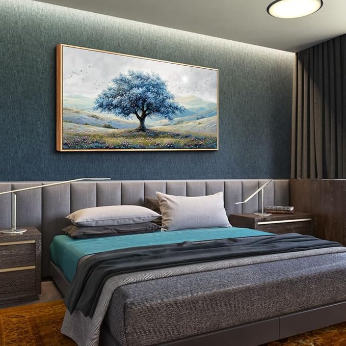 ZUITINGHUA Large Wood Framed Wall Decor For Living Room Canvas Wall Art For Office Modern Wall Decorations For Bedroom Blue Tree Landscape Painting Farmhouse Pictures Artwork Home Decor 24x48 In