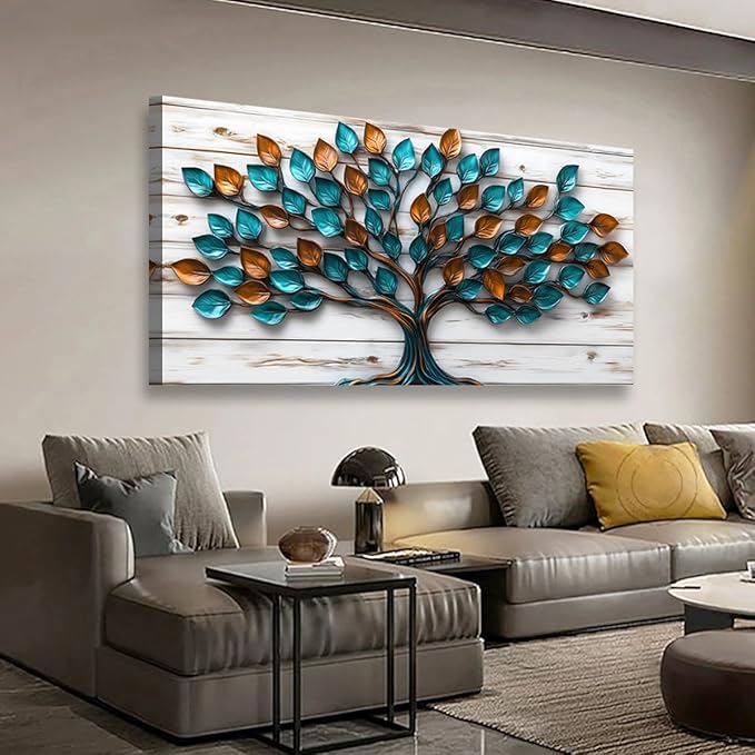 Tree of Life Teal Gold Tree Leaves Pictures Canvas Wall Art for Living Room Office Bedroom Abstract Wall DecorArt Print Paintings Modern Metal Tree Wood Plank Artwork Waterproof to Hang-20x40inch