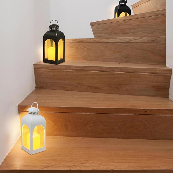 Decor Modern Farmhouse Lantern Decor Set of 4, Black Metal Small Candle Lanterns, Wooden Lanterns Decorative w/Timer & Remote-Controlled Flickering Candles for Home, Indoor, Table (White)