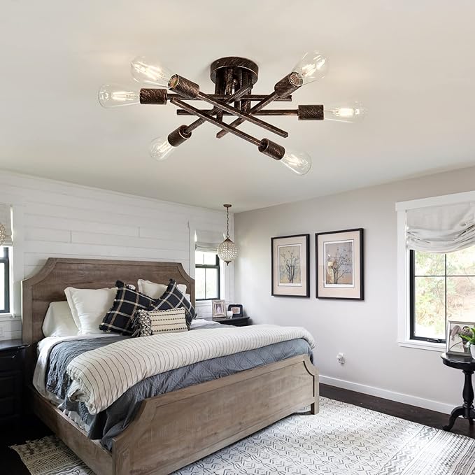 ASGYISA 6-Lights Semi Flush Mount Ceiling Light Fixture Vintage Modern Bronze Matte Sputnik Chandelier Farmhouse Ceiling Lamp for Kitchen Bedroom Dining Room Living Room Entryway.