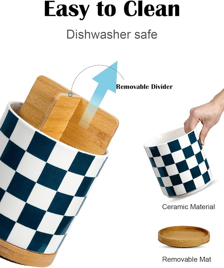 LoeJan 3 Compartment Utensil Holder, Extra Large Utensil Crock, Stable Ceramic Utensil Organizer, Cooking Tool Organizer Set for Kitchen Counter Farmhouse Decor (J-Deep Green(Square))