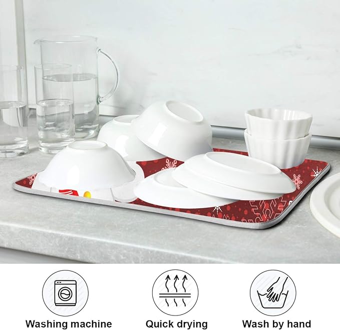 Christmas Snowflakes Snowman Dish Drying Mat 18 X 24 Inch Xmas Snowmen Winter Santa Stars Dry Dishes Pads Tableware Mats Protector for Kitchen Countertops Counter Home Decorations