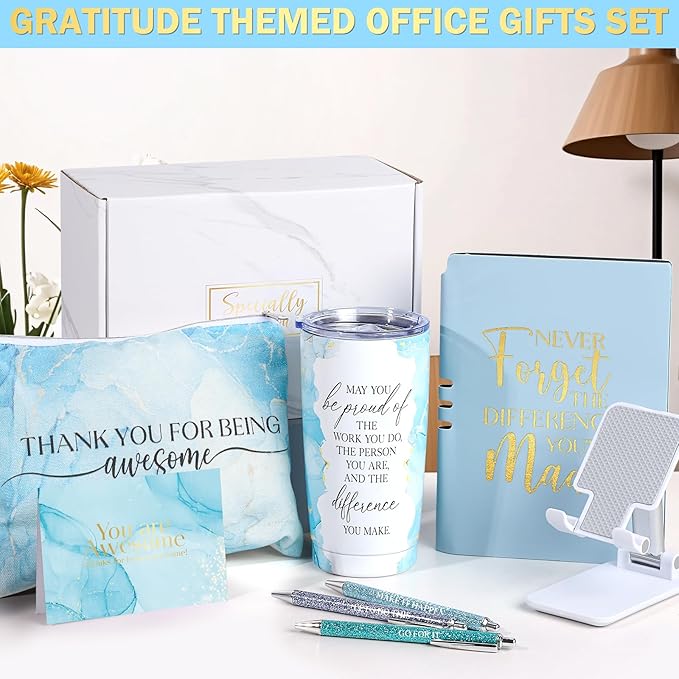 Employee Appreciation Gifts, Appreciation Gifts for Coworkers, 8 Pcs Christmas Gift for Employees Coworkers Teacher Staff Principal Nurse, Cool Thank You Gifts Baskets w/ Tumbler Notebook (Blue)