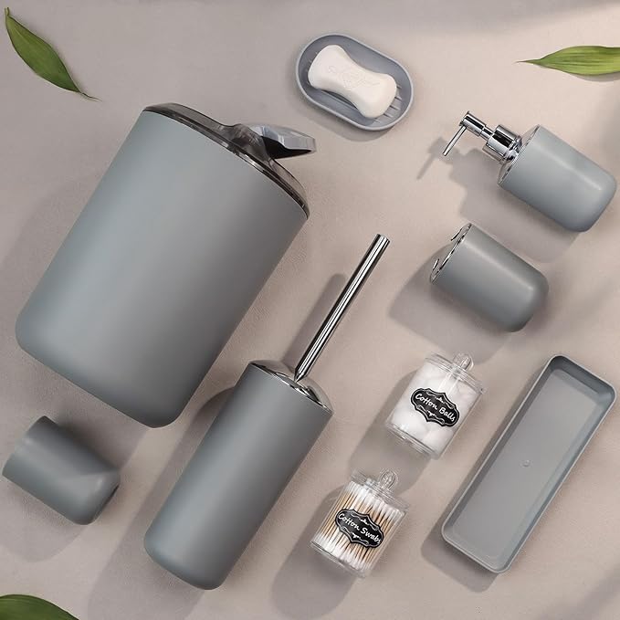 IMAVO Bathroom Accessories Set,Grey Bathroom Set,9 Pieces Bathroom Accessory Set,Tray,Qtip Holders,Toilet Brush,Trash Can for Bathroom Décor and Home Gifts