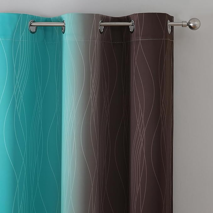 Estelar Textiler Brown and Teal Ombre Blackout Curtains 45 Inch Length 2 Panels, Full Room Darkening Gradient Drapes for Kitchen, Thermal Insulated Grommet Short Curtains for Bathroom, 42Wx45L