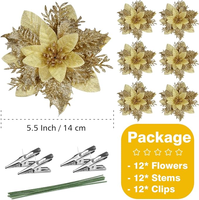 Christmas Poinsettia Artificial Flowers Decorations 5.5" Christmas Tree Wreaths Garland Decoration 12 Pcs Glitter Flowers Picks Decor for Xmas New Wedding Party Ornaments (Champagne)