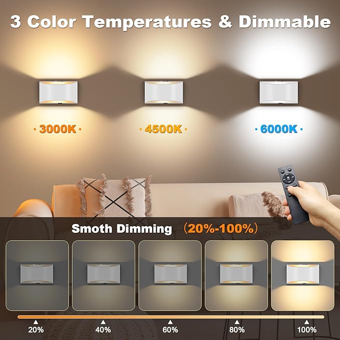 Wireless Wall Sconces Set of 2, 8000mAh White Battery Operated Wall Sconces Remote & Touch Control, 3 Color Temperatures, Timer Cordless Dimmable Light for Bedroom, Living Room, Hallway