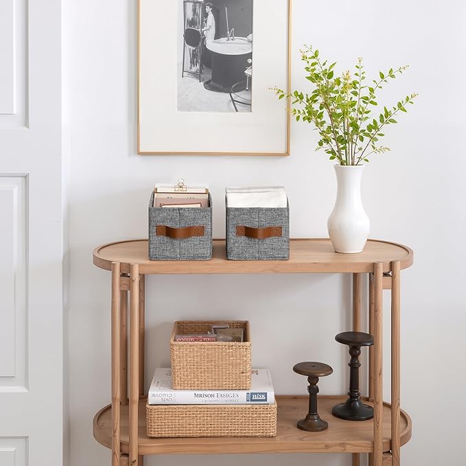 GRANNY SAYS Small Fabric Storage Bins with PU Handles, Storage Baskets for Shelves, Toilet Paper Storage, Narrow Baskets for Organizing DVD, Photos, Clothes, Diaper, Sock, Cd, 6-Pack, Gray