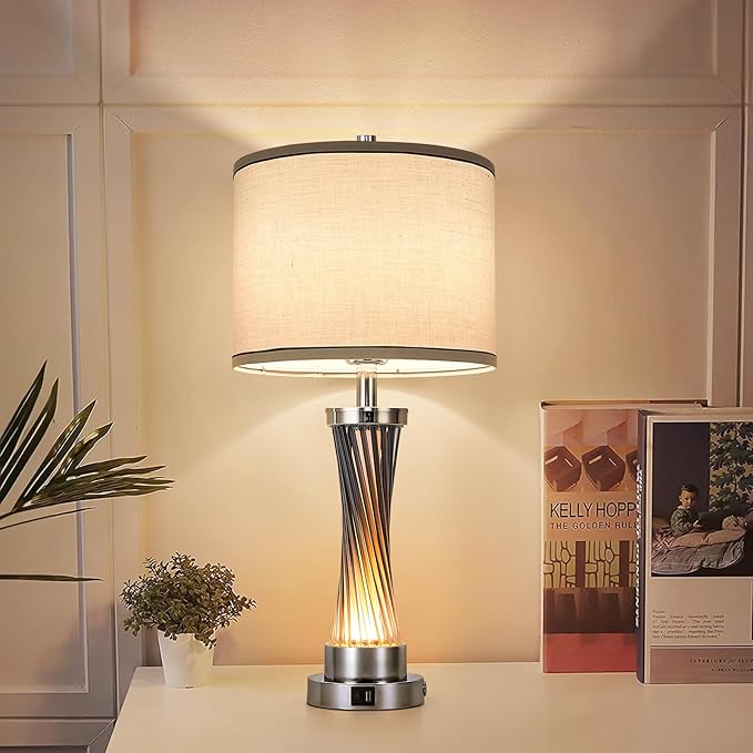 3-Way Dimmable Table Lamp Set of 2,Touch Control Lamp with Night Light,Modern Blue Crystal Table Lamps for Bedroom,Living Room,Bedside Lamps with USB A+C Ports,Fabric Lampshade(Blubs Included)