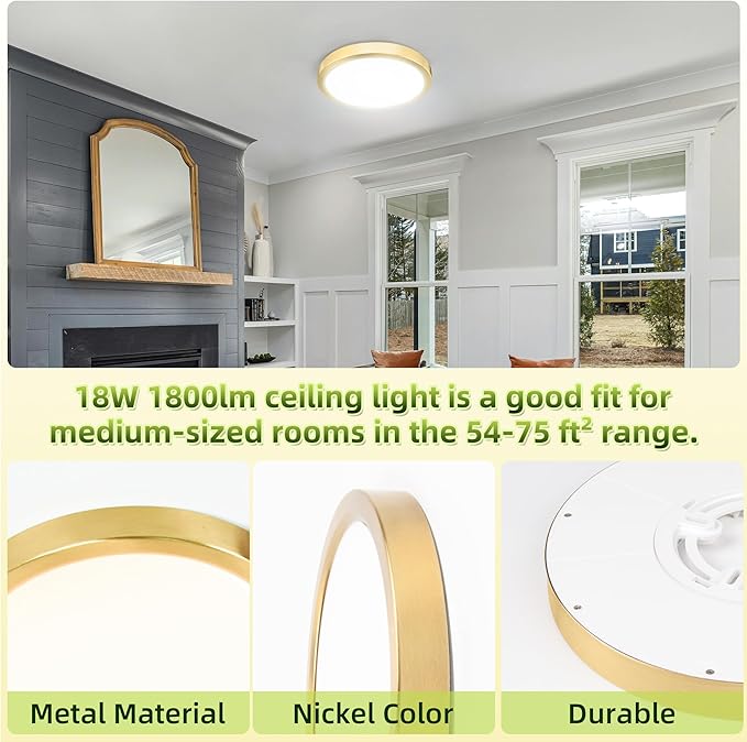 hykolity 2 Pack 9 Inch Selectable CCT LED Round Flat Panel Light, 18W 1800LM 3000K/4000K/5000K, Edge-Lit Flush Mount Ceiling Light Fixture for Kitchen, Bedroom, Laundry and Closet Room,Gold
