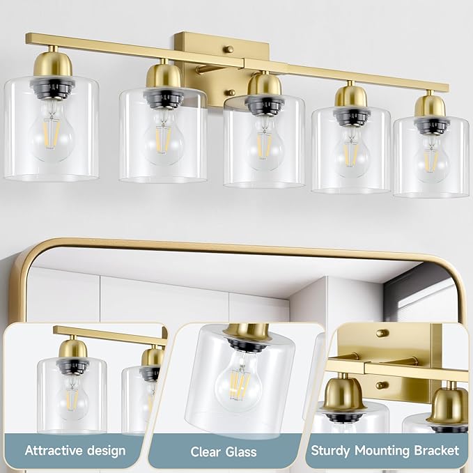 5 Light Brushed Gold Bathroom Light Fixtures, Gold Bathroom Light with Clear Glass, 30 inch Wall Sconce for Mirror Living Room Bedroom Hallway E26 Base