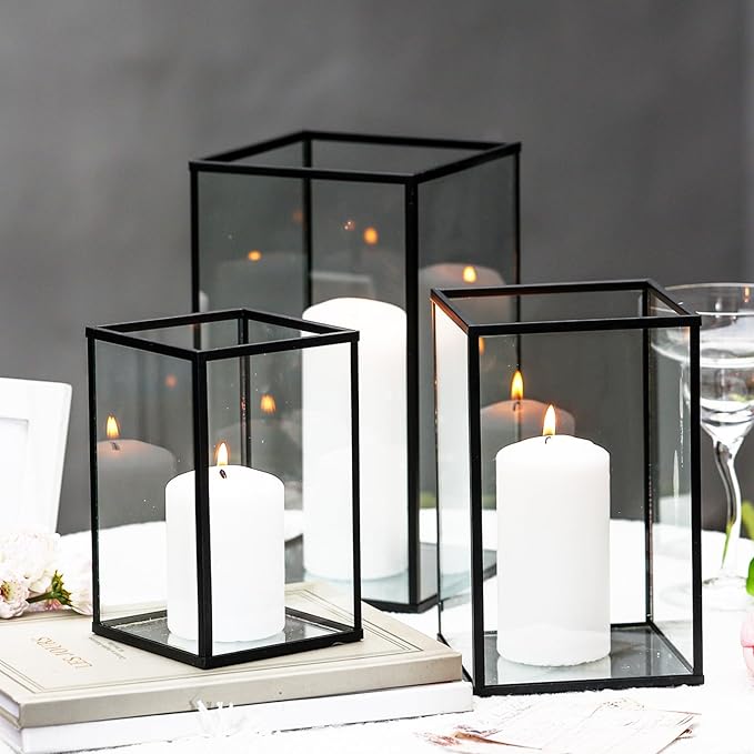 Hurricane Candle Holder 3 PCS, Black Glass Candle Holder Square Hurricane Candle Centerpieces for Tables Decorative, Wedding, Party