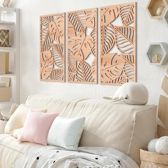 IARTTOP Large Wood Tropical Wall Art 15.9X32 Inch Carved Palm Leaves Wall Decor Coastal Leaf Monstera Plant Wall Sculptures for Living room Bedroom Set of 3