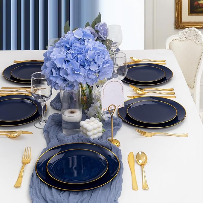 YOUBET 125PCS Blue Plastic Plates - Blue and Gold Plates - Navy Blue Disposable Plates With Gold Rim Include 25 Dinner Plate, 25 Dessert Plate, 75 Golden Silverware Cutlery for Party & Wedding