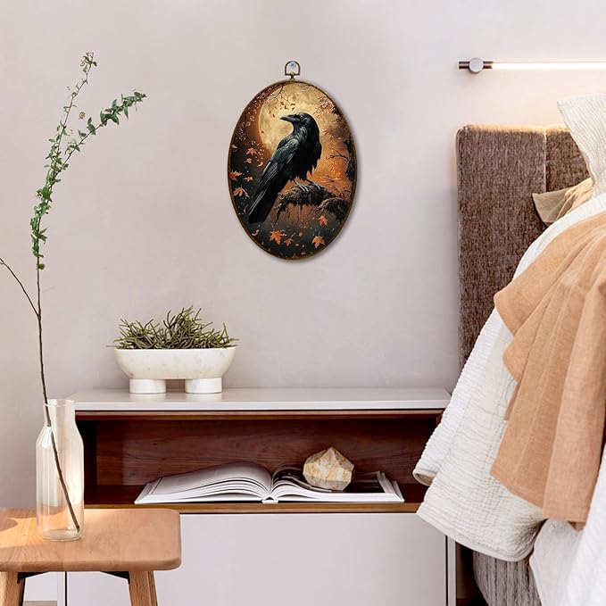 JQF Crow Decor, Fall Gothic Raven Oval Wall Art, Vintage Rustic Fall Crow Oval Canvas Wall Art, Dark Cottagecore Gothic Autumn Raven Framed Prints Hanging Decor for Home Bedroom Living Room, 8.5x11.5 Inch