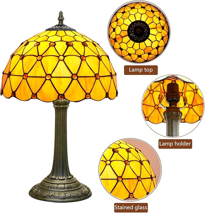 Tiffany Style Stained Glass Table Lamp Handmade Orange Tea Beads 12 Inch Warm Light Bedside Lamp For Bedroom Dorm Offee Shop Reading Study Home Decor Art Gift Retro Atmosphere Lighting Nightstand Lamp