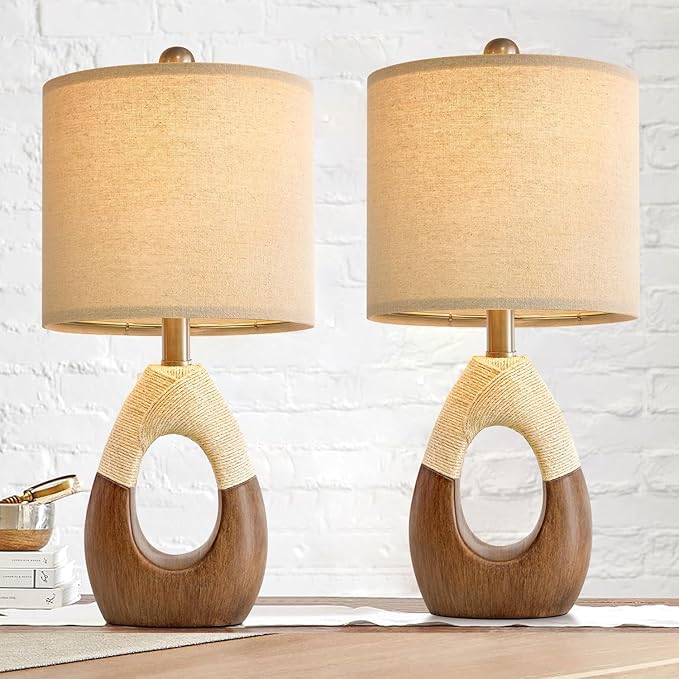 OYEARS Boho Table Lamps Bedroom Living Room Set 2,Suitable for Small Space,Farmhouse RattanTable Lamp 19”Rustic Egg Design Resin Light Decoration,Nightstand Bedside Lamps for Office Study Rest
