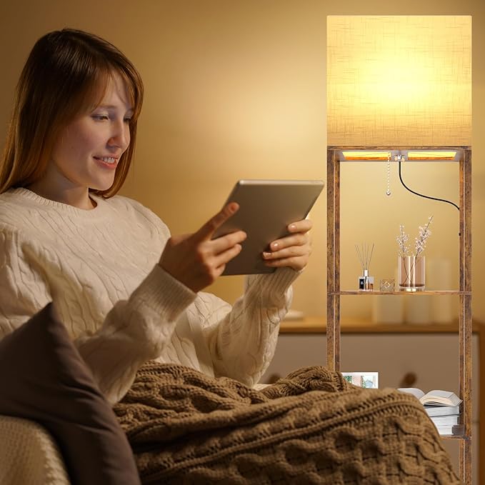 Dott Arts Floor Lamp with Shelves, Wide Floor Lamps for Living Room Display Shelf Lamps with 3 Color LED Bulb,Storage Wood Modern Floor Lamp for Bedroom Standing Lamp for Living Room Office(Brown)