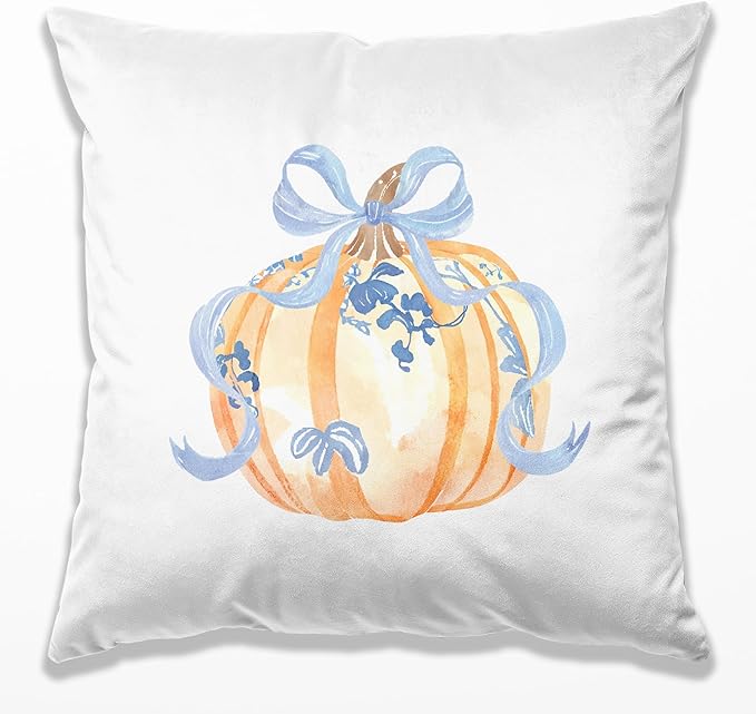 Blue Chinoiserie Pumpkin Fall Pumpkin Pillow Covers 18x18, Preppy Fall Decor, Grandmillennial Floral Pumpkin Autumn Decorative Throw Pillow Covers for Girls Room Home Bedroom Living Room