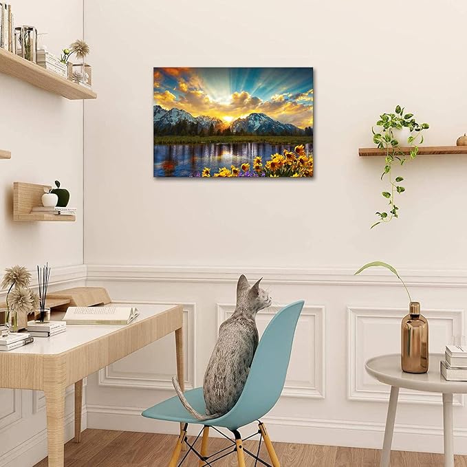 SKASNFAI Grand Teton National Park Wall Art Sunflower Landscape Canvas Mountain Artwork Landscape Print for Living Room Framed (24x36 inch)