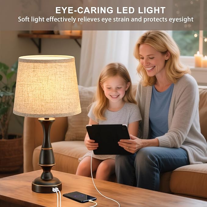 Luvkczc Touch Table Lamps Set of 2, 22" Tall Bedside Lamps with Dual USB A Ports, 3 Way Dimmable Nightstand Lamps for Bedroom, Living Room, Office, Black Lamps with Beige Lampshade, Bulb Included