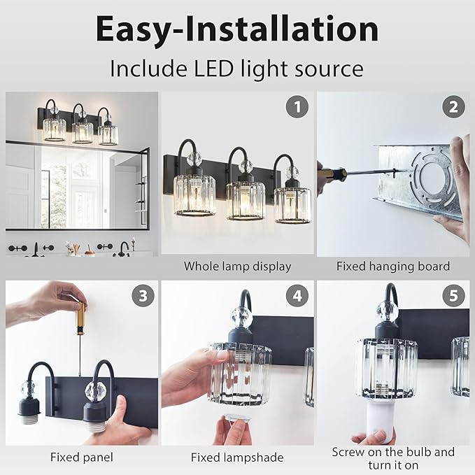 Bathroom Vanity Light Fixtures Over Mirror - Makeup Lighting Black - for Modern Wall, Bath, Desk, Farmhouse, Hallway (3 Crystal Lights)