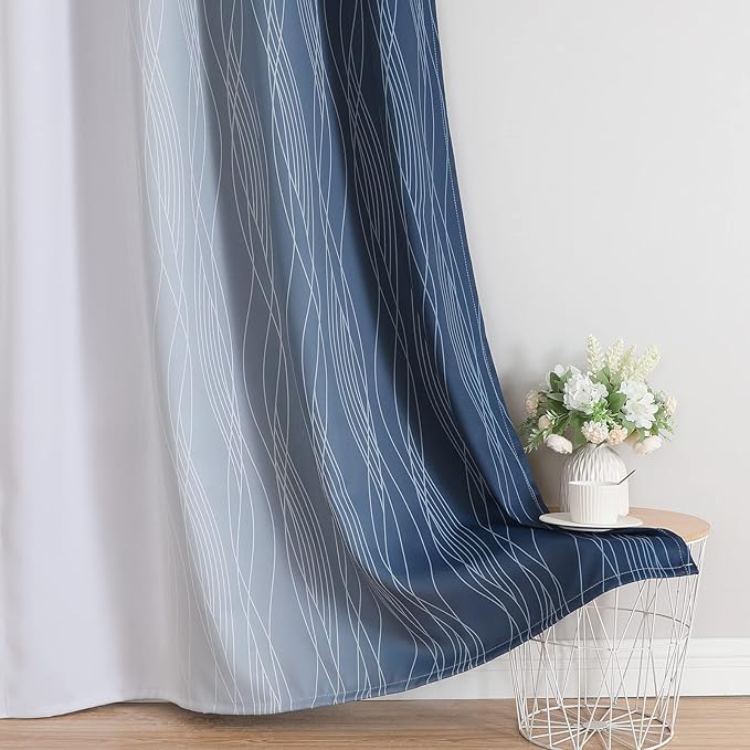 Estelar Textiler Greyish White and Navy Blue Blackout Curtains 96 Inches Long, Ombre Thermal Insulated Noise Reducing Blackout Drapes for Bedroom, Full Room Darkening Grommet Curtains,52Wx96L,2 Panels