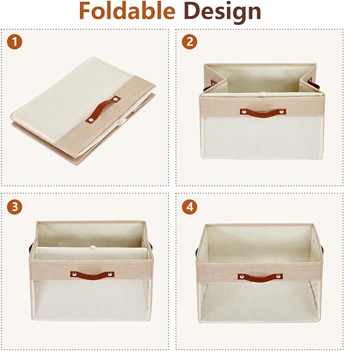 Extra Large Storage Baskets with Clear Window, See Through Closet Organizer with PU Handles, Linen Foldable Storage Bins for Organizing Clothes, Toys, Books (Khaki)