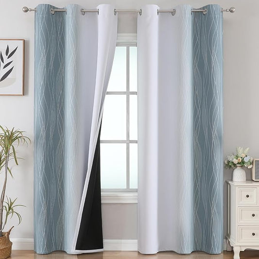Estelar Textiler Stone Blue and Greyish White Gradient Room Darkening Blackout for Living Room, Thermal Insulated Ombre Light Blocking Grommet Blackout Drapes for Bedroom, 42Wx84L, 2 Panels