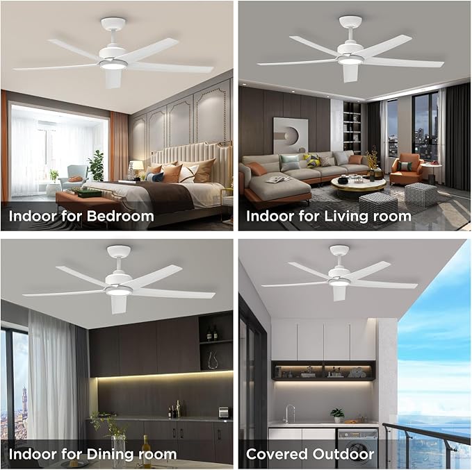ocioc 2 Pack 52 inch Ceiling Fans with Lights and Remote Control, Ultra Quiet DC Motor, 3 Color Temperatures Modern Ceiling Fan for Bedroom Patio Indoor Covered Outdoor White